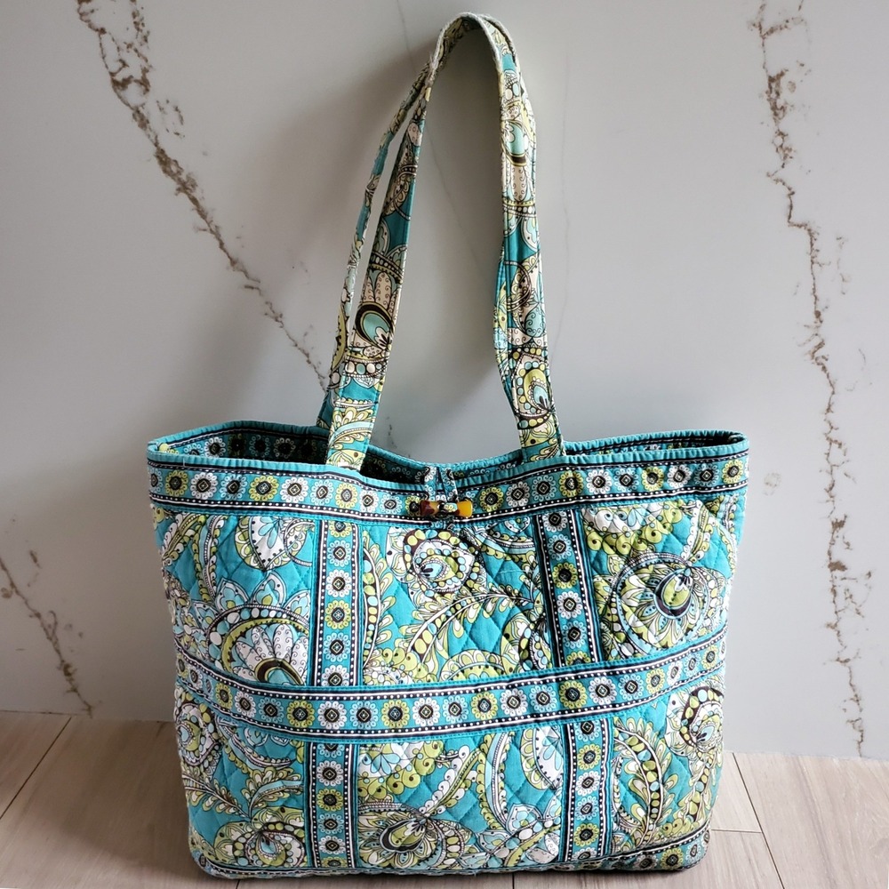 Vera Bradley Tote Bag Large Blue Green Paisley Peacock Quilted Shoulder Tic Tac